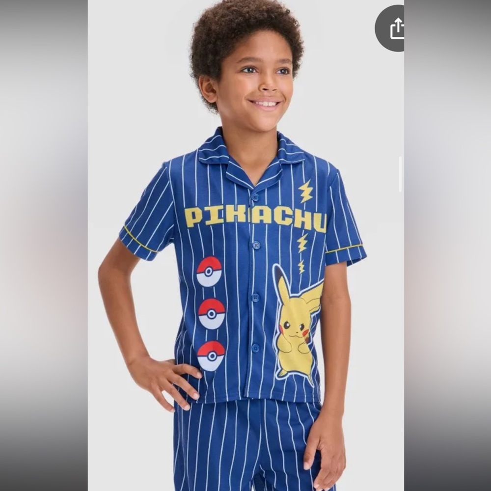 Blue Pikachu 2pc short sleeve baseball jersey coat navy blue, small,Kids Pajamas